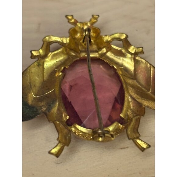 Vintage Gold-Tone Bug Beetle Brooch With Pink Gemstone Accent 1950s - Picture 2 of 10